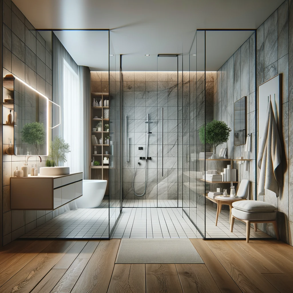 DALL·E 2024 01 07 15.57.27 A modern bathroom with clear glass shower doors providing a seamless and open look enhancing the sense of space